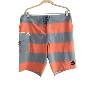 RVCA Industry Orange Gray Striped Unlined Swim Trunks Mens Size 34 Board Shorts